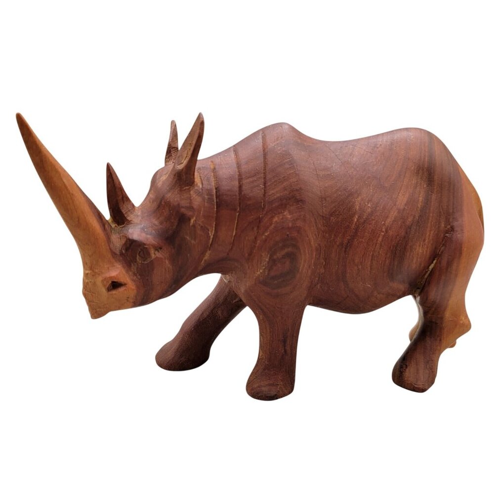 Carved Teak Wood Rhino Figurine African Wildlife Sculpture